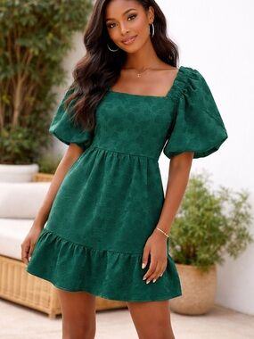 New In Square Neck Puff Sleeve Emerald Mini Dress